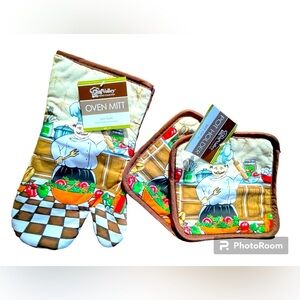3~Pcs Chef 100% Cotton Kitchen Sets: 1~Oven Mitt, & 2~ Pot Holder 100%Cotton